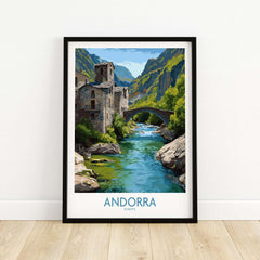 Andorra Old Town River Bridge Art Print | Pyrenees Architecture Poster showcasing the scenic river and bridge in Andorra.