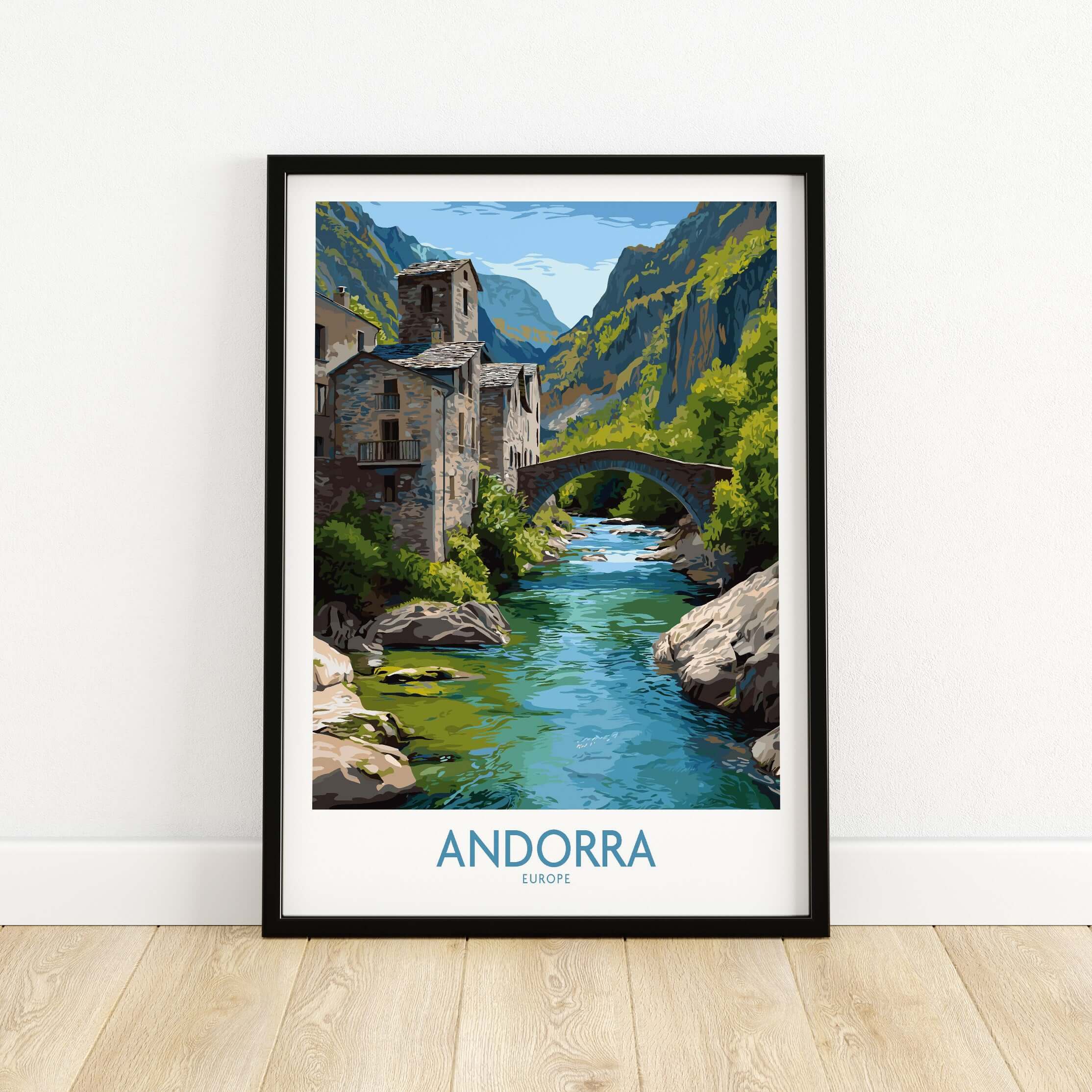 Andorra Old Town River Bridge Art Print | Pyrenees Architecture Poster showcasing the scenic river and bridge in Andorra.