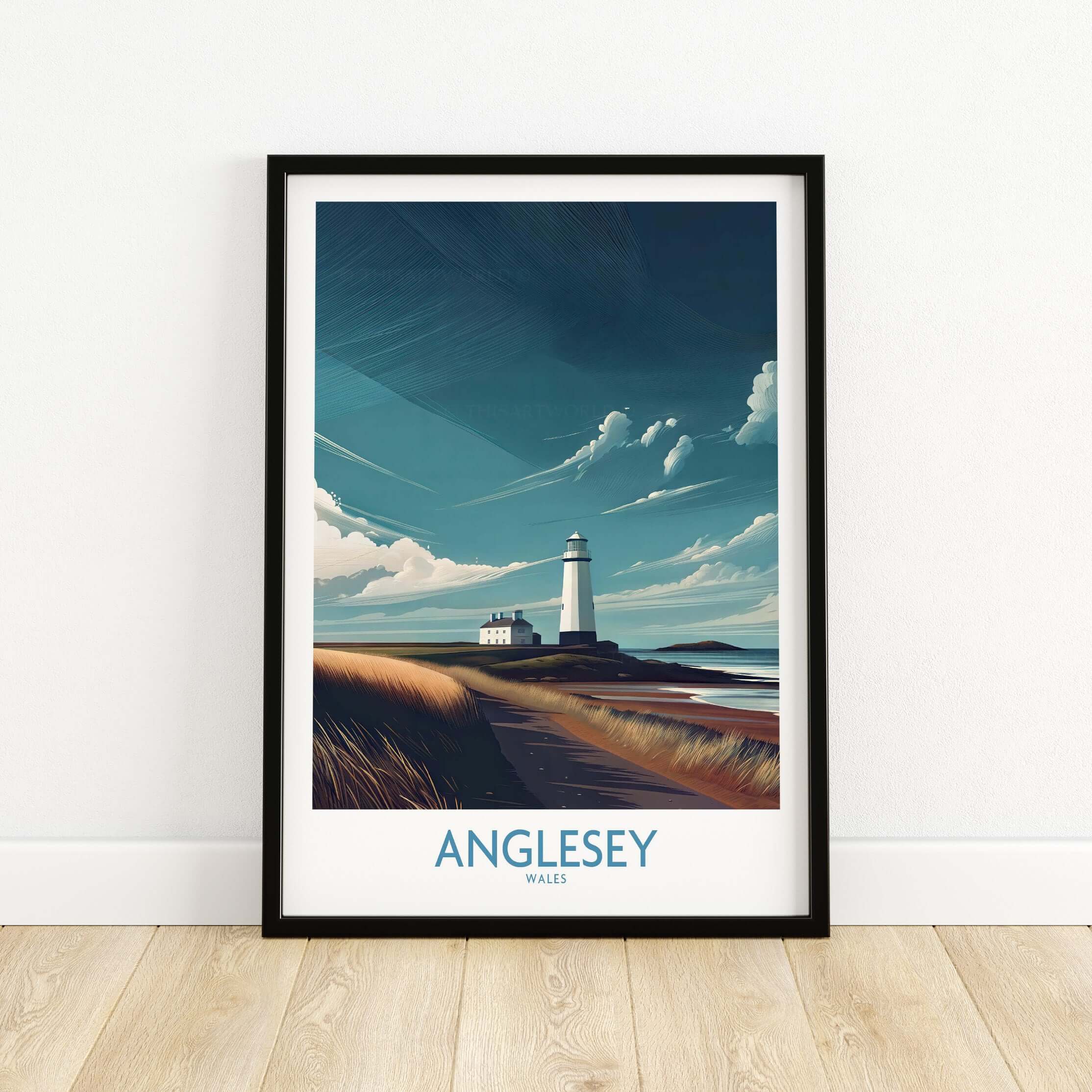 Anglesey Wales Seascape Beach Path Poster - North Wales Travel Decor featuring a lighthouse and coastal landscape.