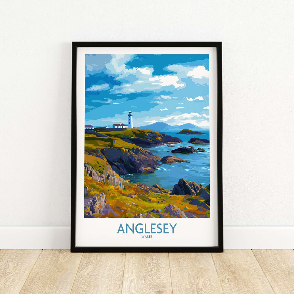 Anglesey Wales print featuring grassy cliffs and a lighthouse by the sea, perfect for travel decor.