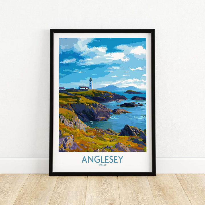 Anglesey Wales print featuring grassy cliffs and a lighthouse by the sea, perfect for travel decor.