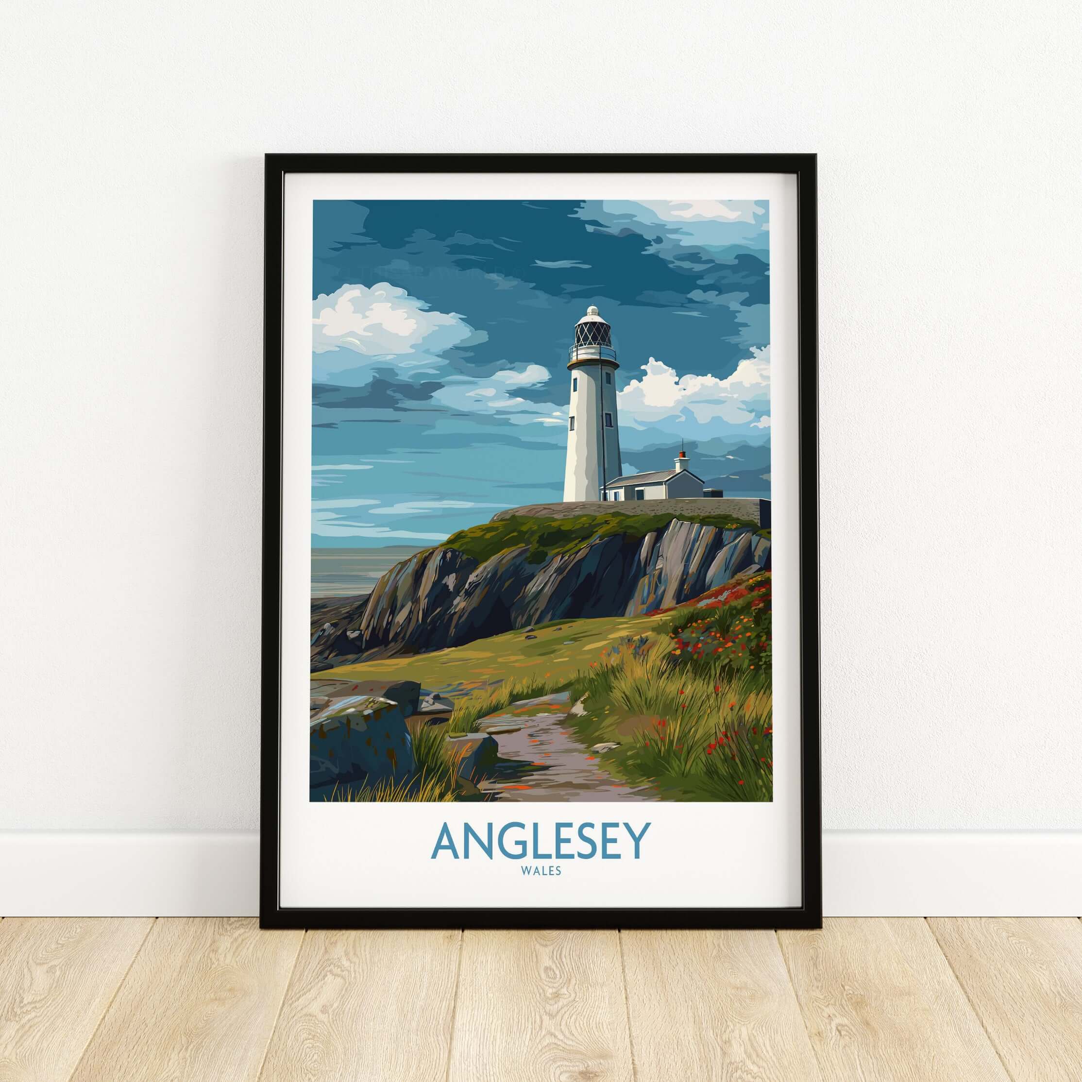 Anglesey Wales Scenic Seascape Poster - Welsh Lighthouse Decor showcasing a stunning landscape with a lighthouse.