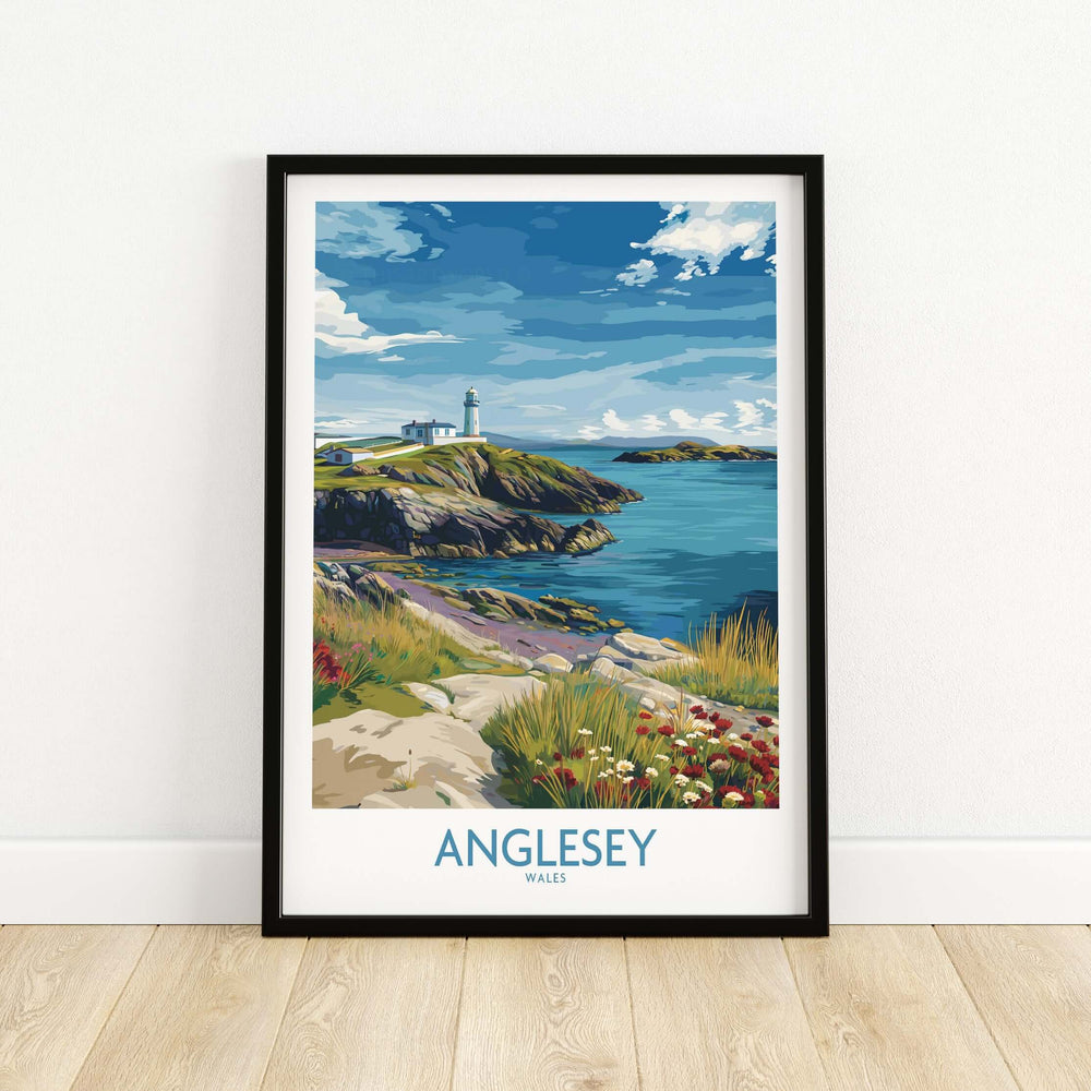 Anglesey Wales Seaside Blossom Print, vibrant coastal decor featuring stunning lighthouse and natural scenery.
