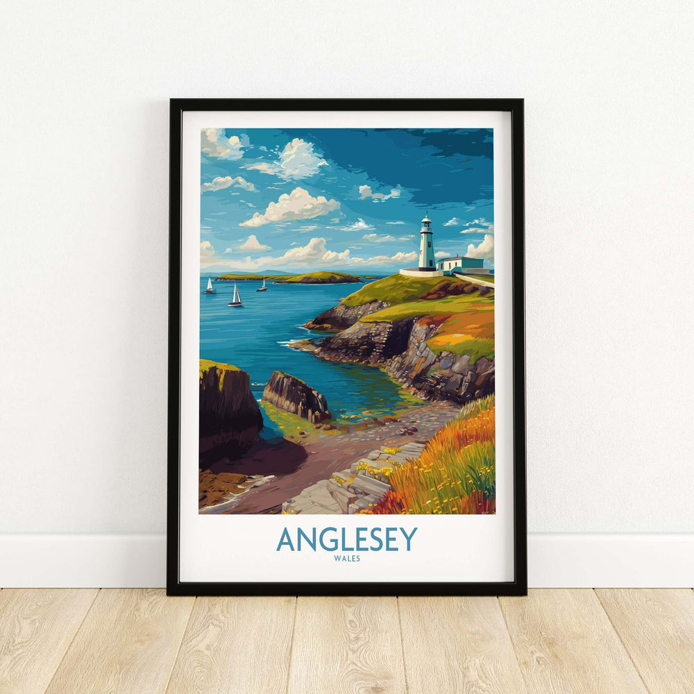 Anglesey Wales ocean view travel poster featuring a lighthouse and coastal landscape, perfect Welsh seaside decor.