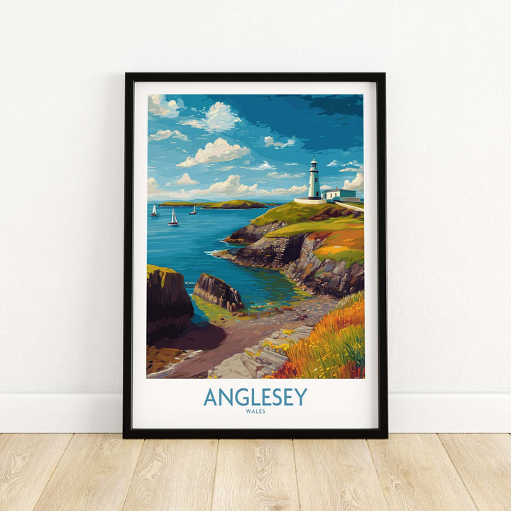 Anglesey Wales ocean view travel poster featuring a lighthouse and coastal landscape, perfect Welsh seaside decor.