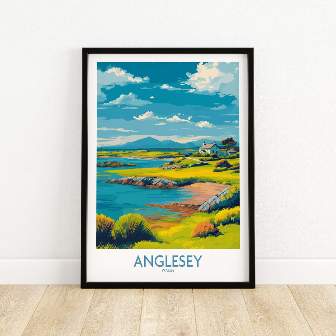 Anglesey Wales Tranquil Bay poster featuring serene waters and lush landscapes, perfect for travel decor.