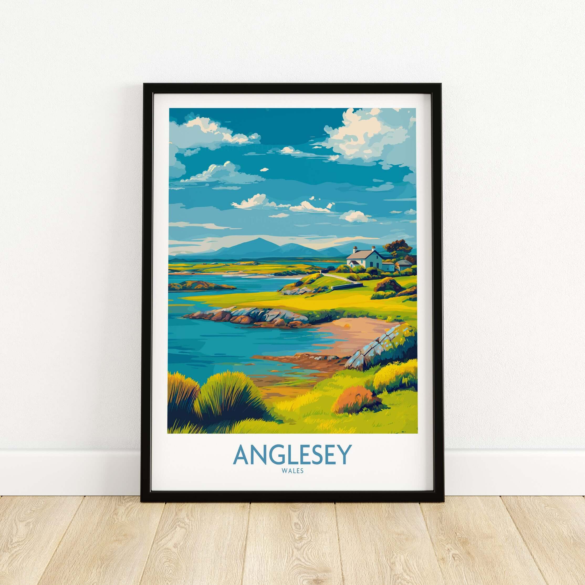Anglesey Wales Tranquil Bay Poster - Welsh Countryside Travel Decor showcasing serene waters and lush landscapes.