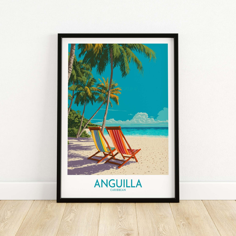 Anguilla Caribbean sunset poster featuring vibrant beach chairs and tropical scene, ideal for home decor.