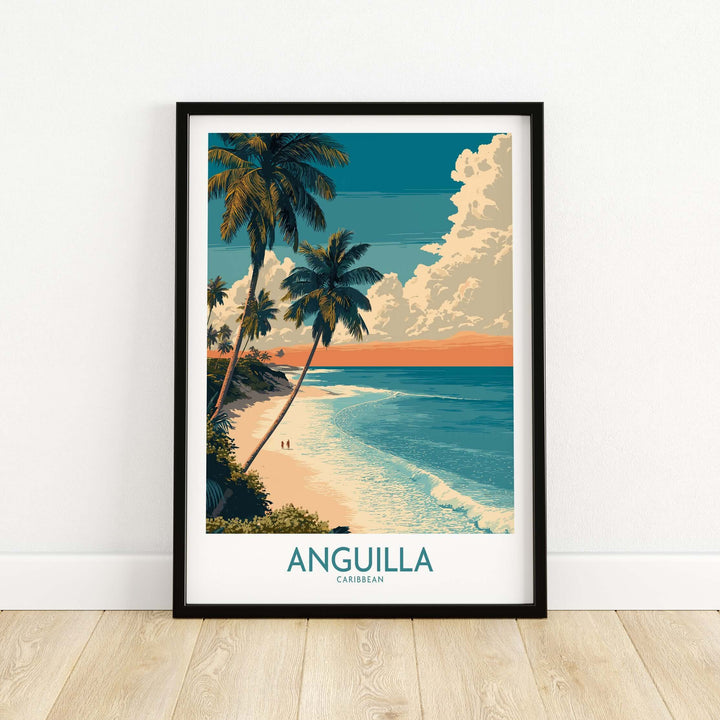 Anguilla Caribbean poster showcasing palm trees, beach, and ocean, perfect for tropical décor and travel inspiration.