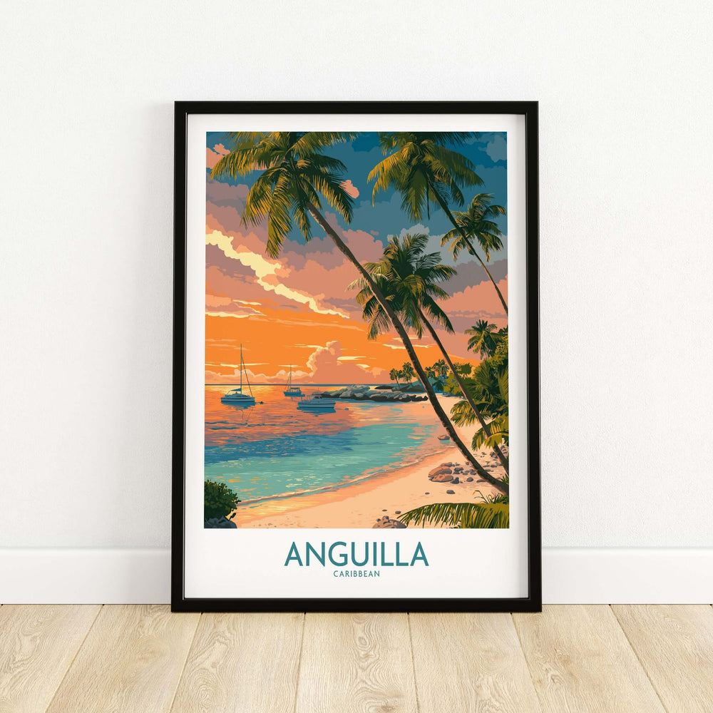 Anguilla Caribbean print featuring a vibrant seascape and palm trees at sunset, perfect for tropical wall decor.