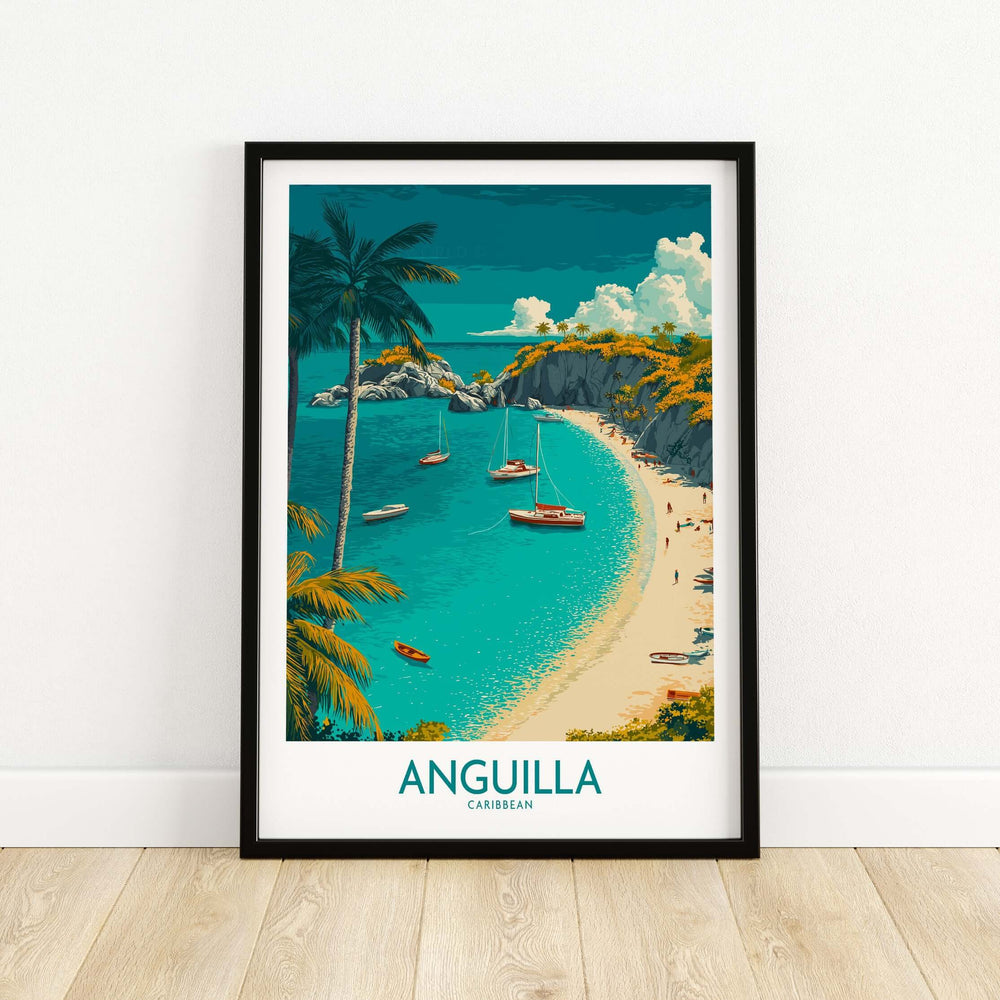 Anguilla Caribbean beach poster featuring turquoise waters, ships, and a tropical island view.
