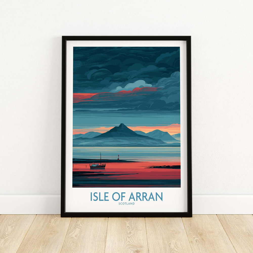 Isle of Arran coastal seascape poster featuring a tranquil sunset view and a boat, perfect for travel enthusiasts.