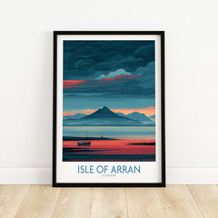 Isle of Arran Poster Scotland Coastal Seascape - Isle of Arran Travel Print featuring a tranquil landscape with a boat.