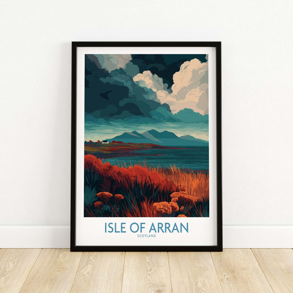 Isle of Arran poster featuring stormy sky landscape and rugged terrain of Scotland.