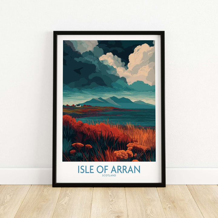 Isle of Arran poster featuring stormy sky landscape and rugged terrain of Scotland.