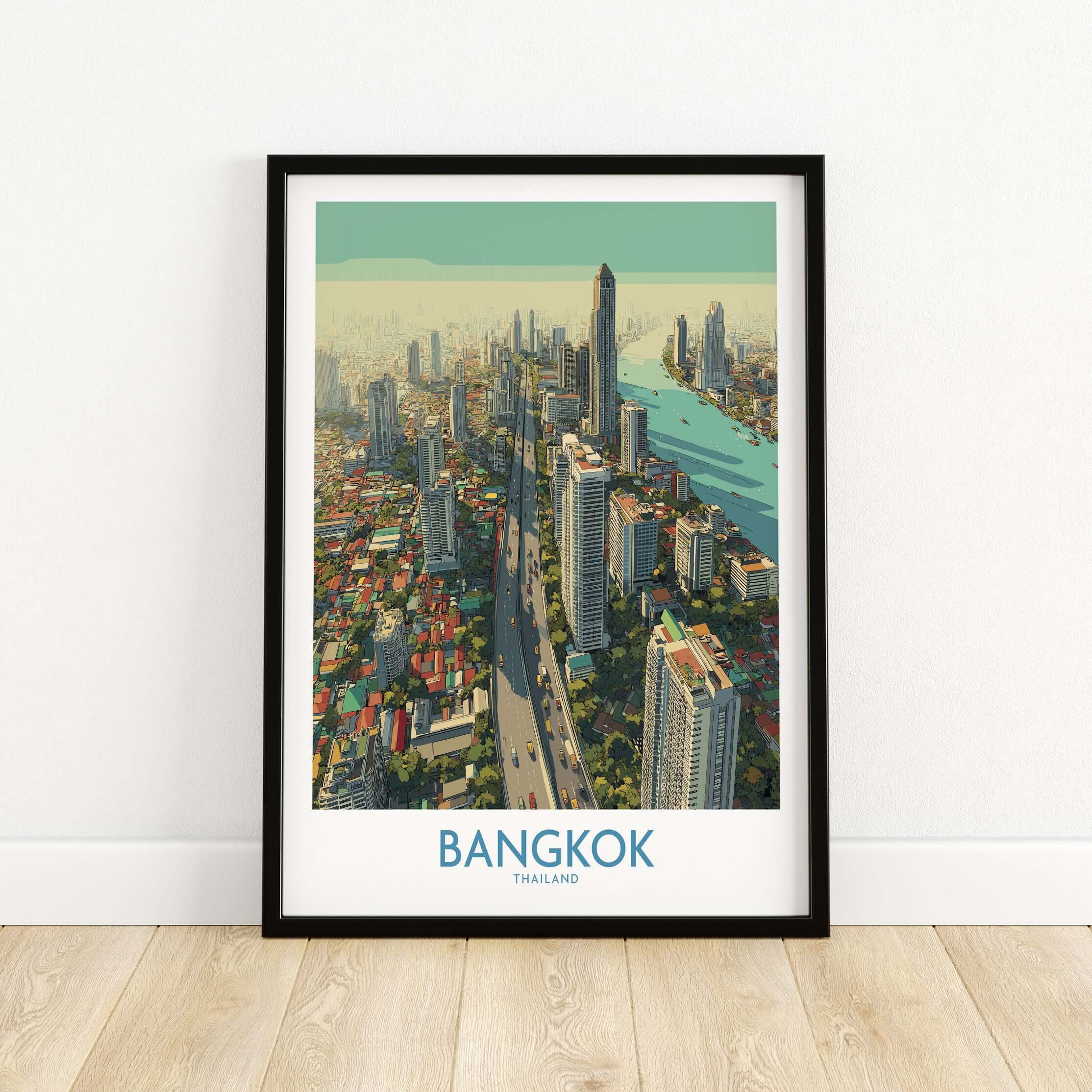 Bangkok Thailand Modern City View Wall Art - Cityscape Poster framed print showcasing the city skyline and river.