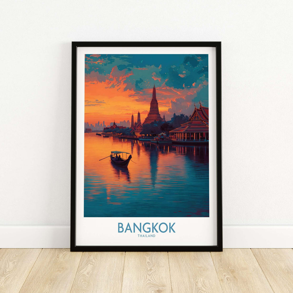 Bangkok riverboat poster at dusk showcasing Thai landmarks and tranquil evening sky.