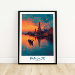 Bangkok Poster Thailand Riverboat at Dusk - Thai Landmark Travel Print showcasing a serene evening scene.