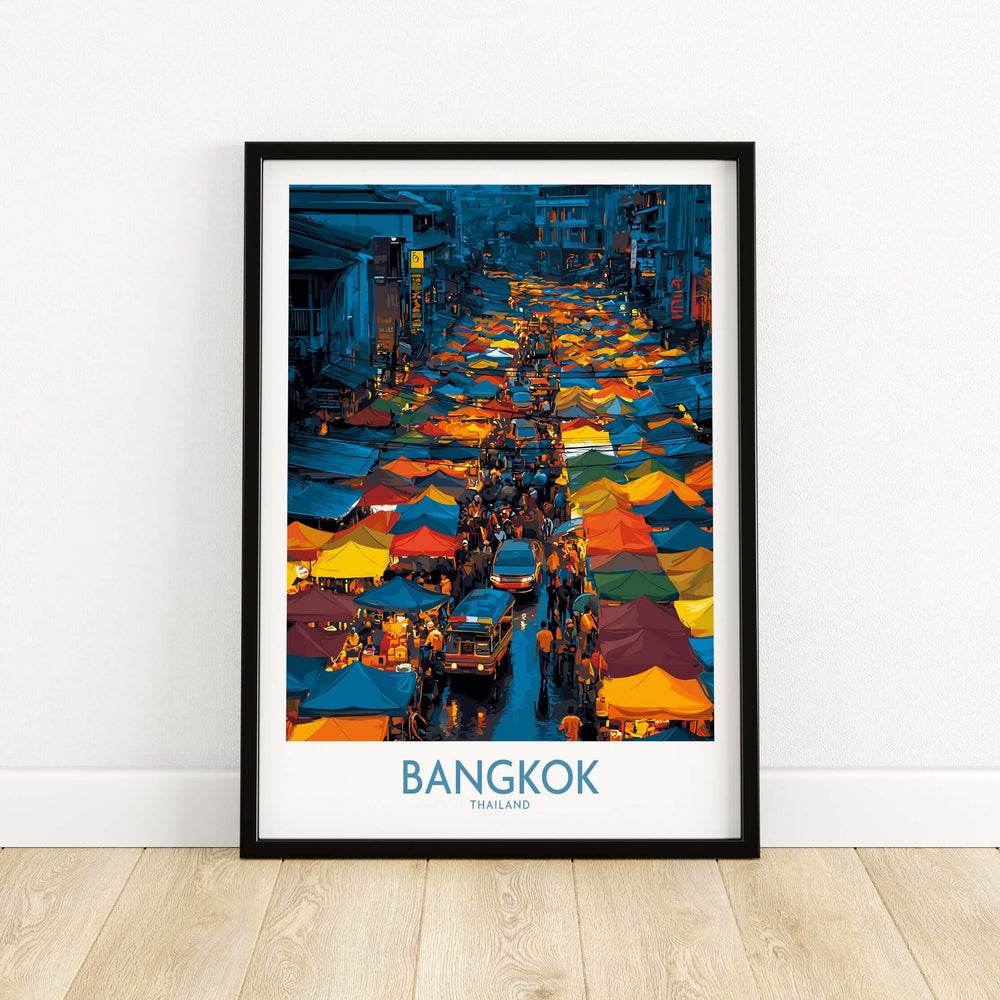Colorful market scene in Bangkok, Thailand, captured in vibrant wall art showcasing local vendors and culture.