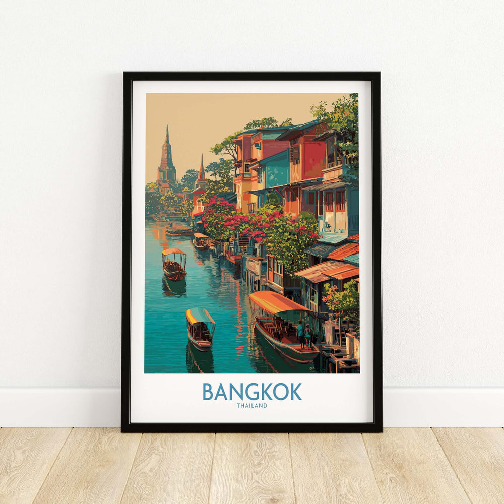 Colorful Bangkok Thailand poster showcasing floating market boats and vibrant buildings, perfect for travel enthusiasts.