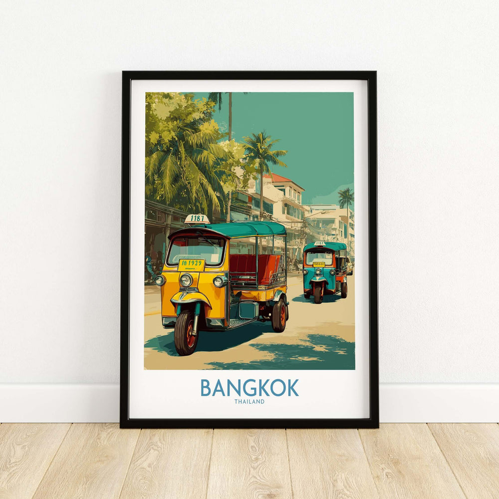 Colorful tuk tuks in a vibrant Bangkok street scene, showcasing Thai culture in a framed travel poster.