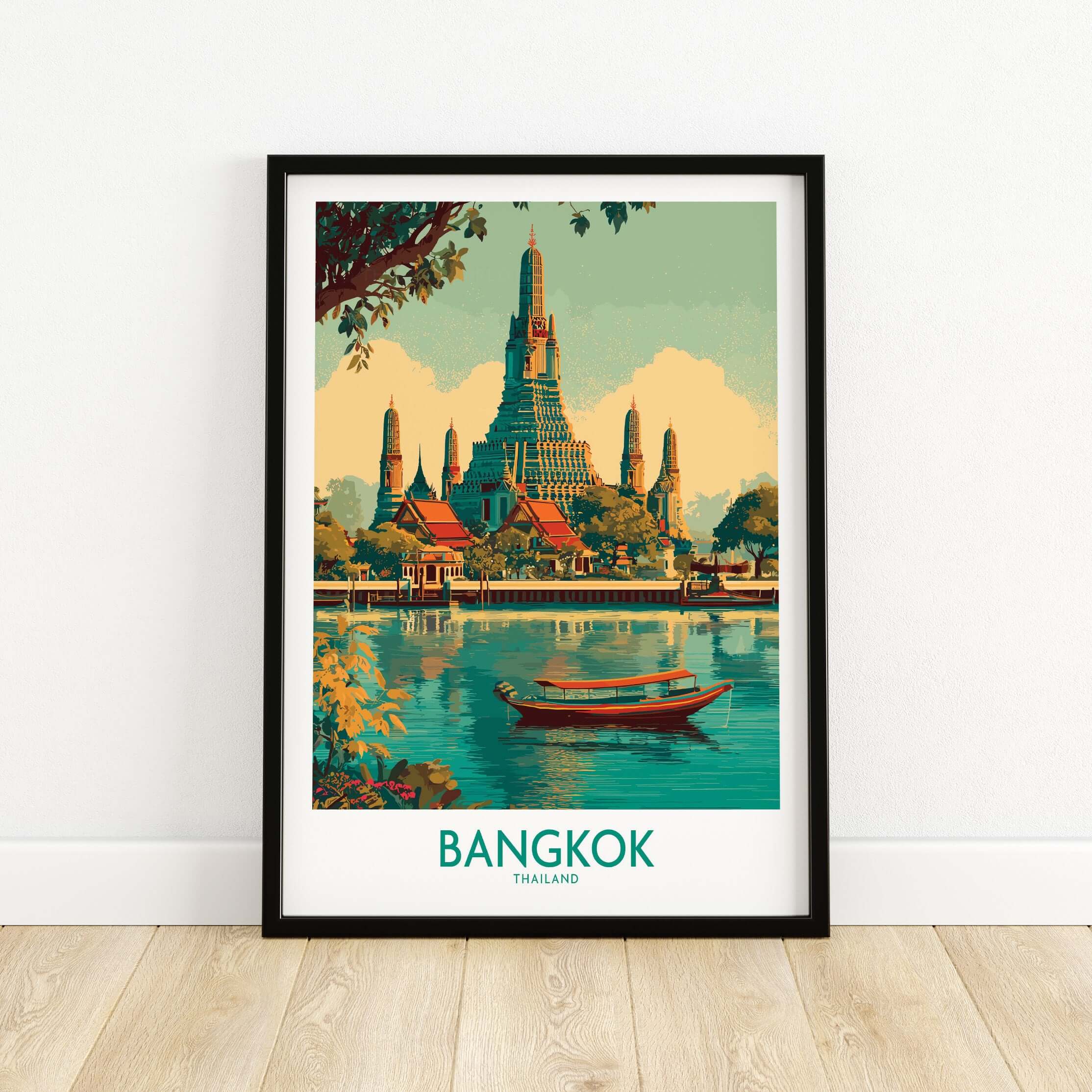 Bangkok Wall Art Thailand Temple Poster - Travel Print showcasing a colorful temple scene with a boat on water.