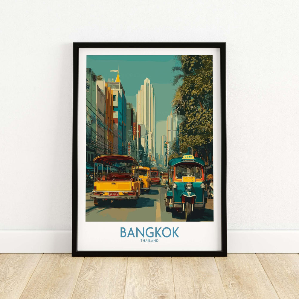 Vibrant Bangkok street scene wall art featuring tuk tuks and city skyline, perfect for travel-inspired décor.