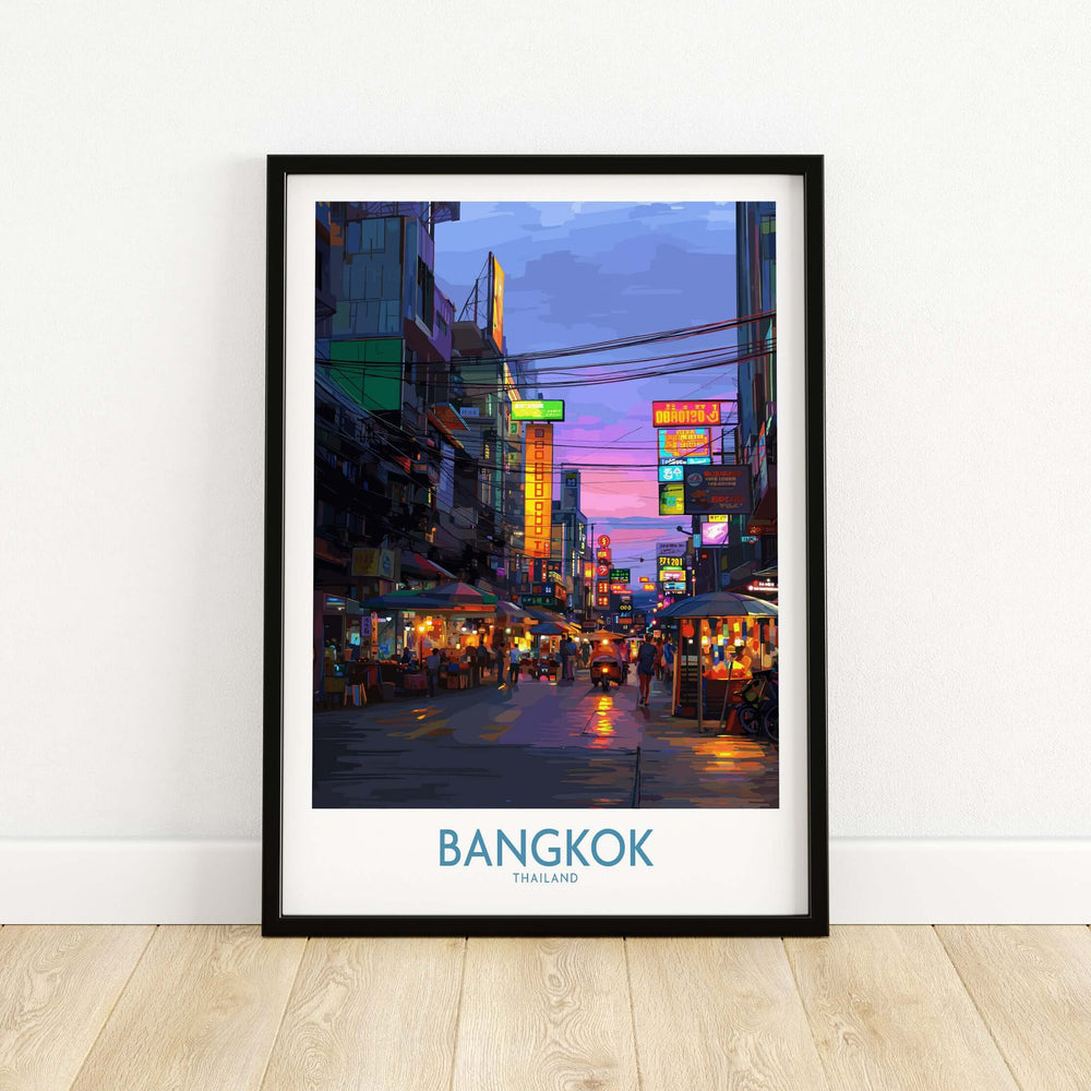 Bangkok Thailand neon lights wall art showcasing vibrant city streets and nightlife in a modern frame.