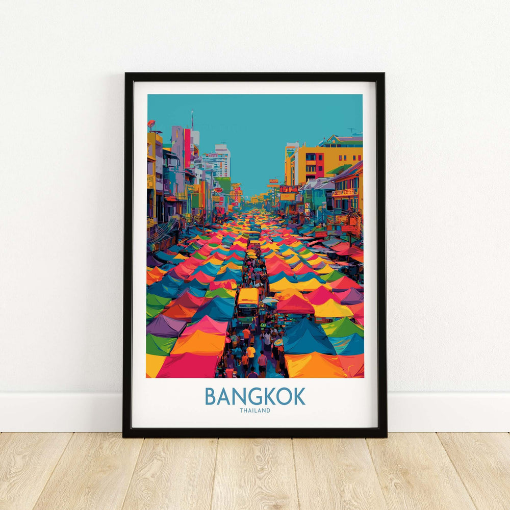 Colorful Bangkok Thailand market poster featuring vibrant tents and lively street scene
