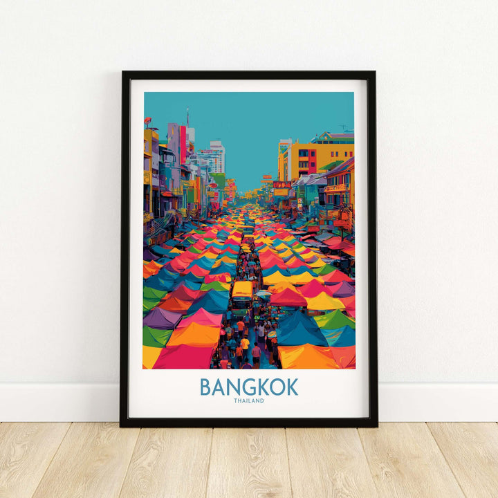 Colorful Bangkok Thailand market poster featuring vibrant tents and lively street scene