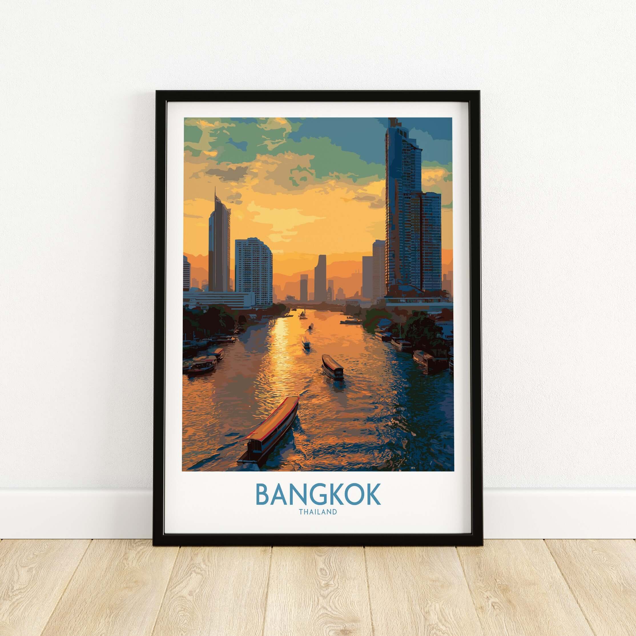 Bangkok Thailand Urban Waterfront Wall Art - Bangkok Cityscape Decor showcasing vibrant sunset over urban river.