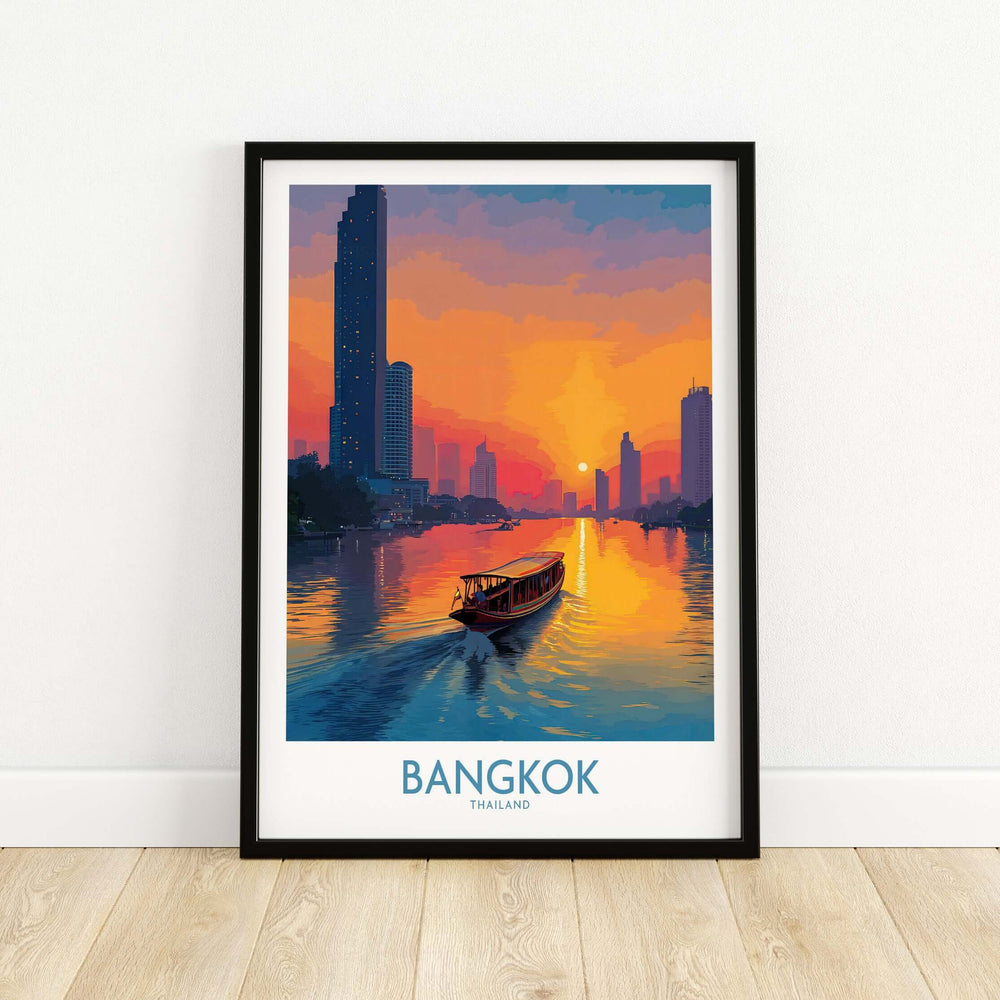 Bangkok wall art depicting a serene river scene at golden hour, showcasing Thailand's vibrant skyline and tranquil waters.