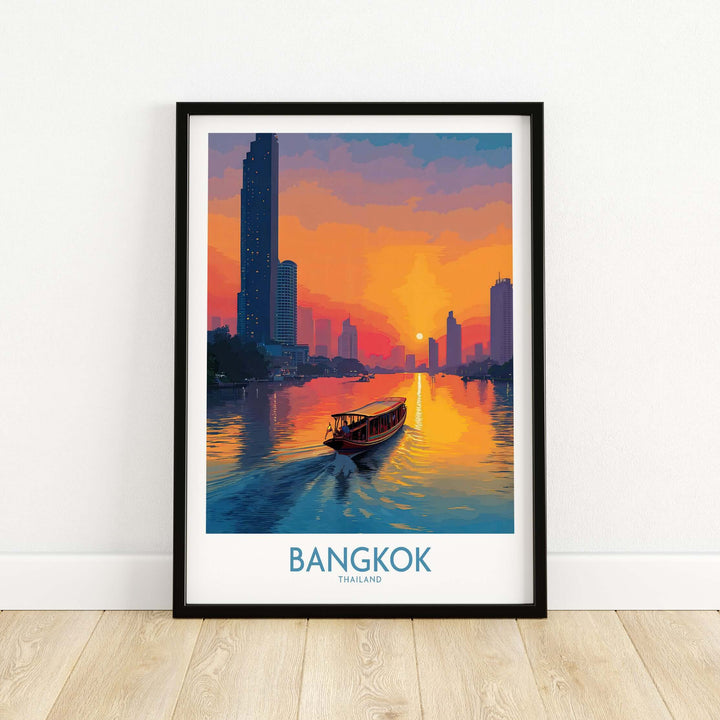 Bangkok wall art depicting a serene river scene at golden hour, showcasing Thailand's vibrant skyline and tranquil waters.