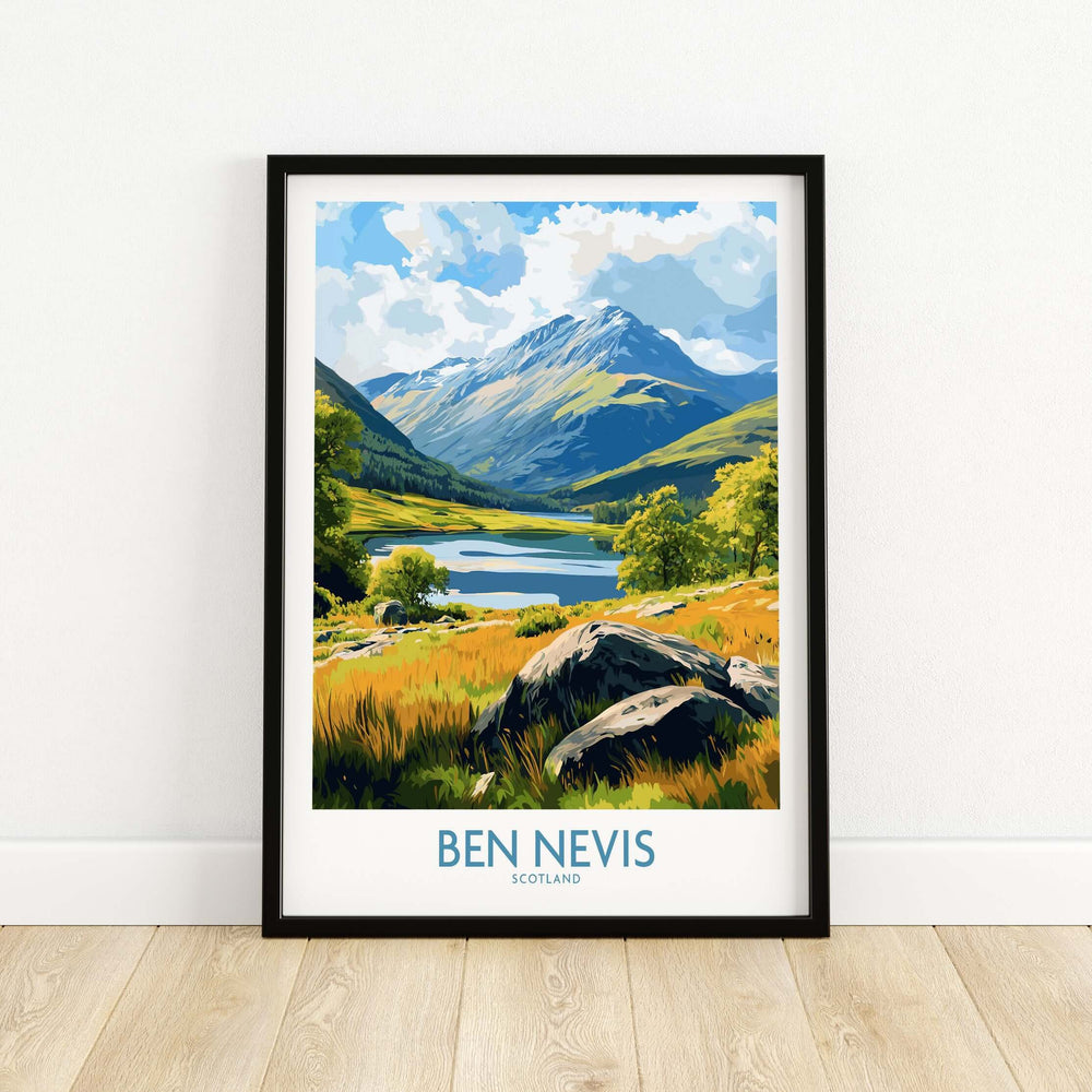 Ben Nevis poster depicting stunning mountain views and grassy landscape in Scotland, perfect for travel decor.