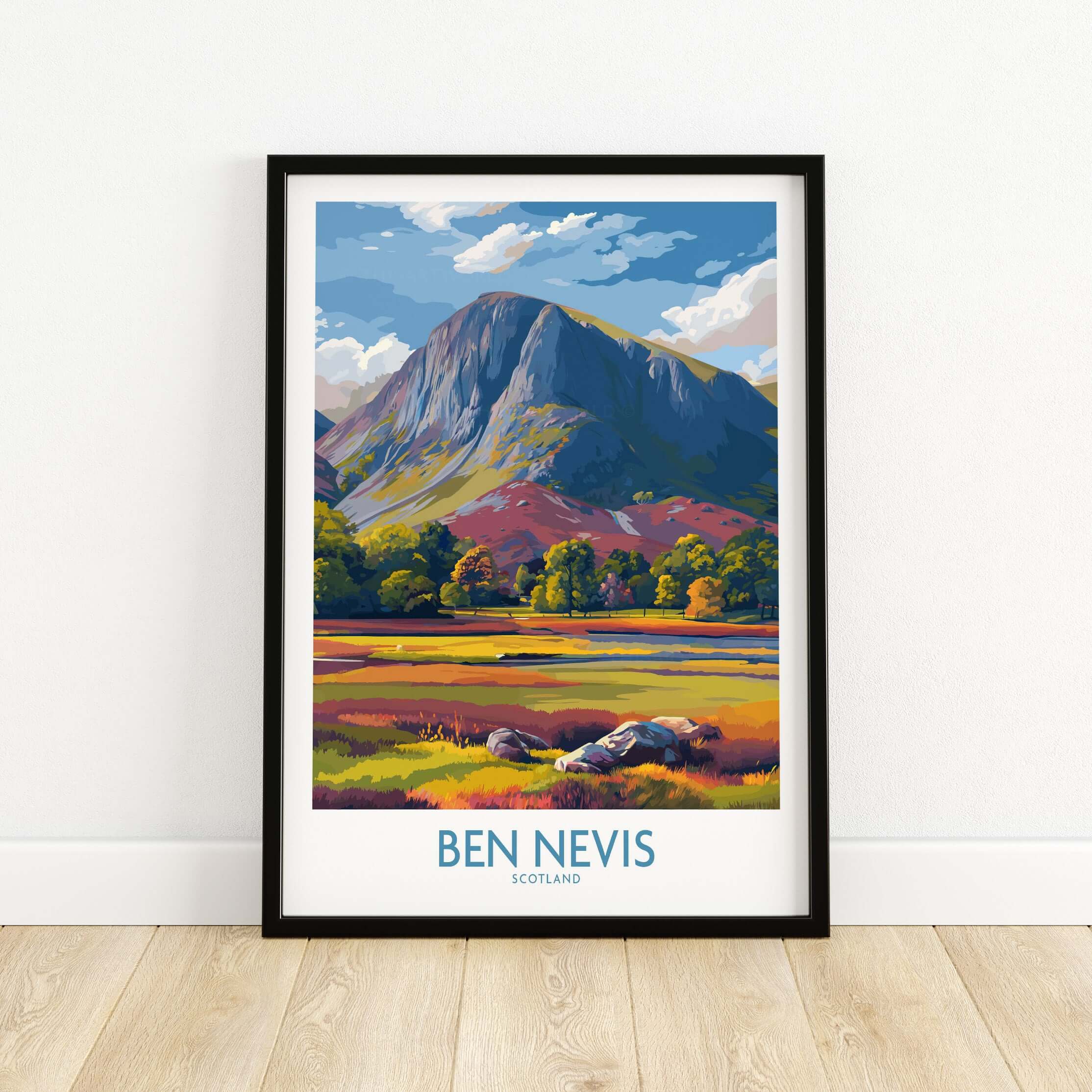 Ben Nevis Wall Art Scotland Highland Landscape - Autumn Foliage Travel Decor displayed in a stylish frame with colorful scenery.
