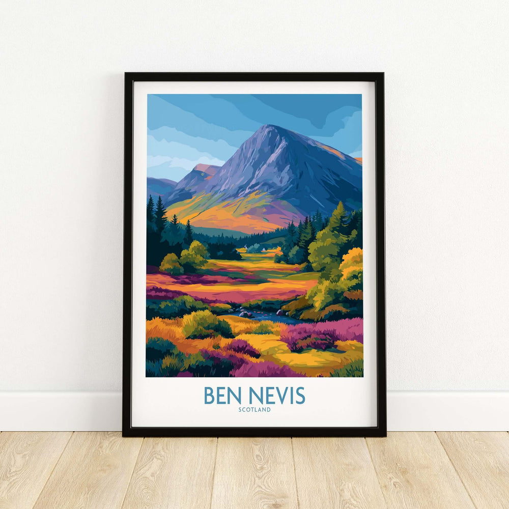 Vibrant illustration of Ben Nevis, Scotland, featuring heather fields and majestic peaks in a framed print.