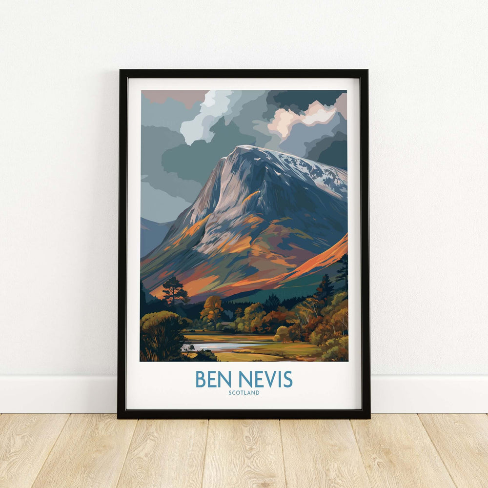 Framed print of Ben Nevis, Scotland, showcasing a cloudy peak landscape in vibrant colors, perfect Scottish artwork gift.