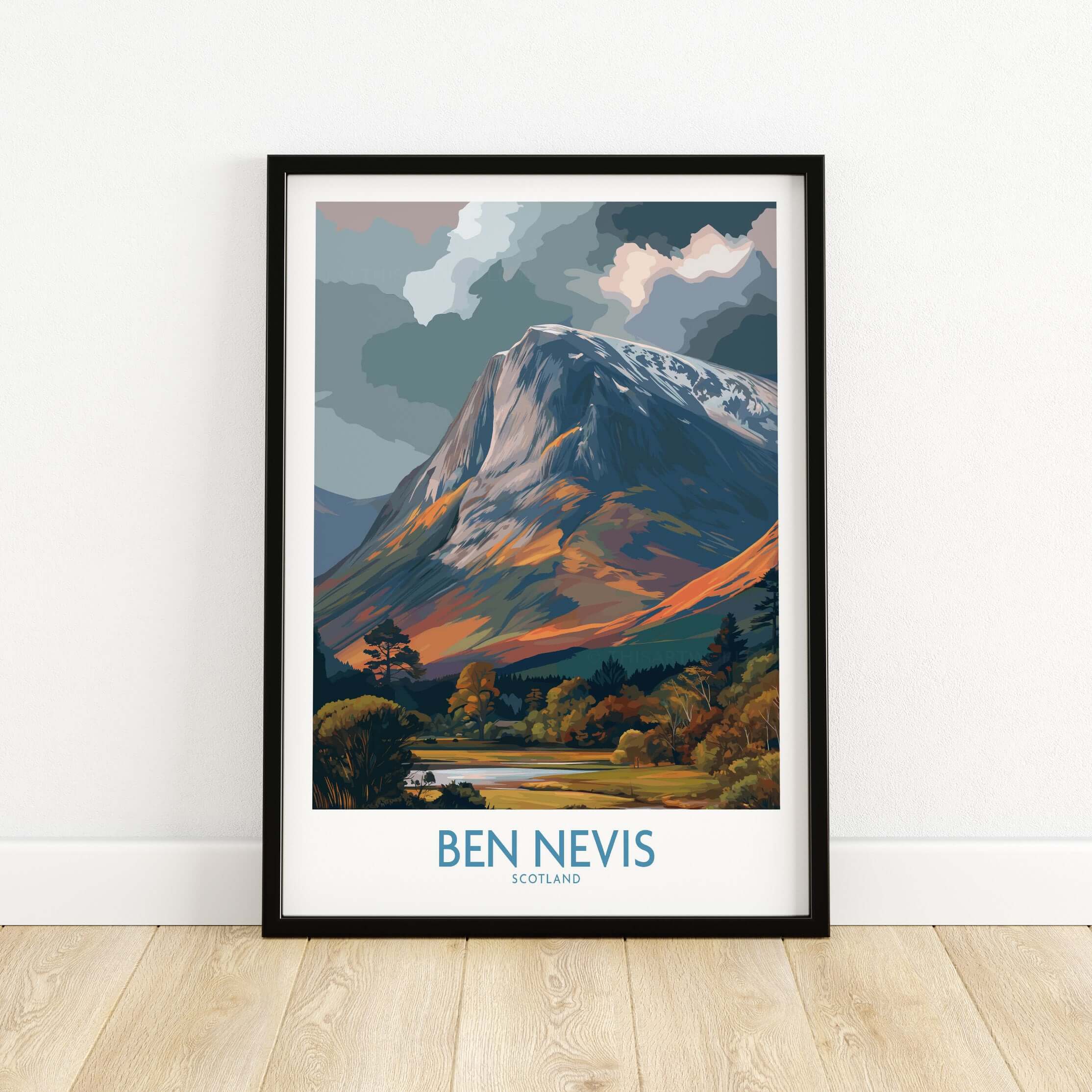 Ben Nevis Scotland Cloudy Peak Landscape Print - Scottish Artwork Gift, framed art print of Ben Nevis mountain in Scotland.