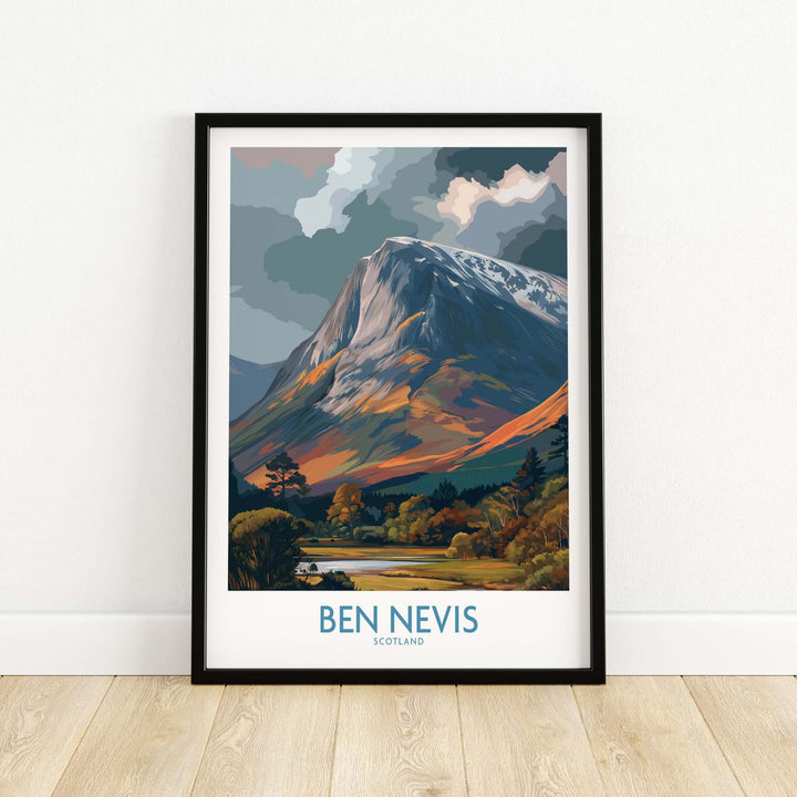 Framed print of Ben Nevis, Scotland, showcasing a cloudy peak landscape in vibrant colors, perfect Scottish artwork gift.