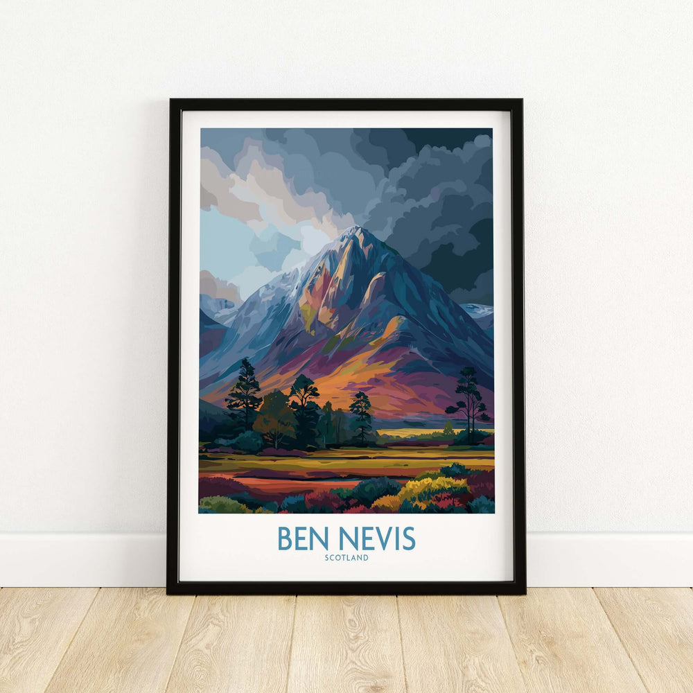 Ben Nevis wall art featuring moody skies and dramatic peaks, perfect for Scottish Highlands decor.