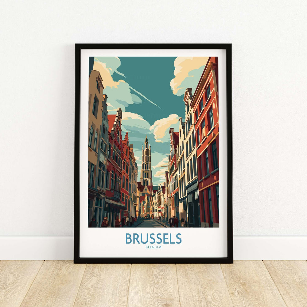Brussels Belgium Gothic Architecture print showcasing colorful buildings and a tower under a blue sky.