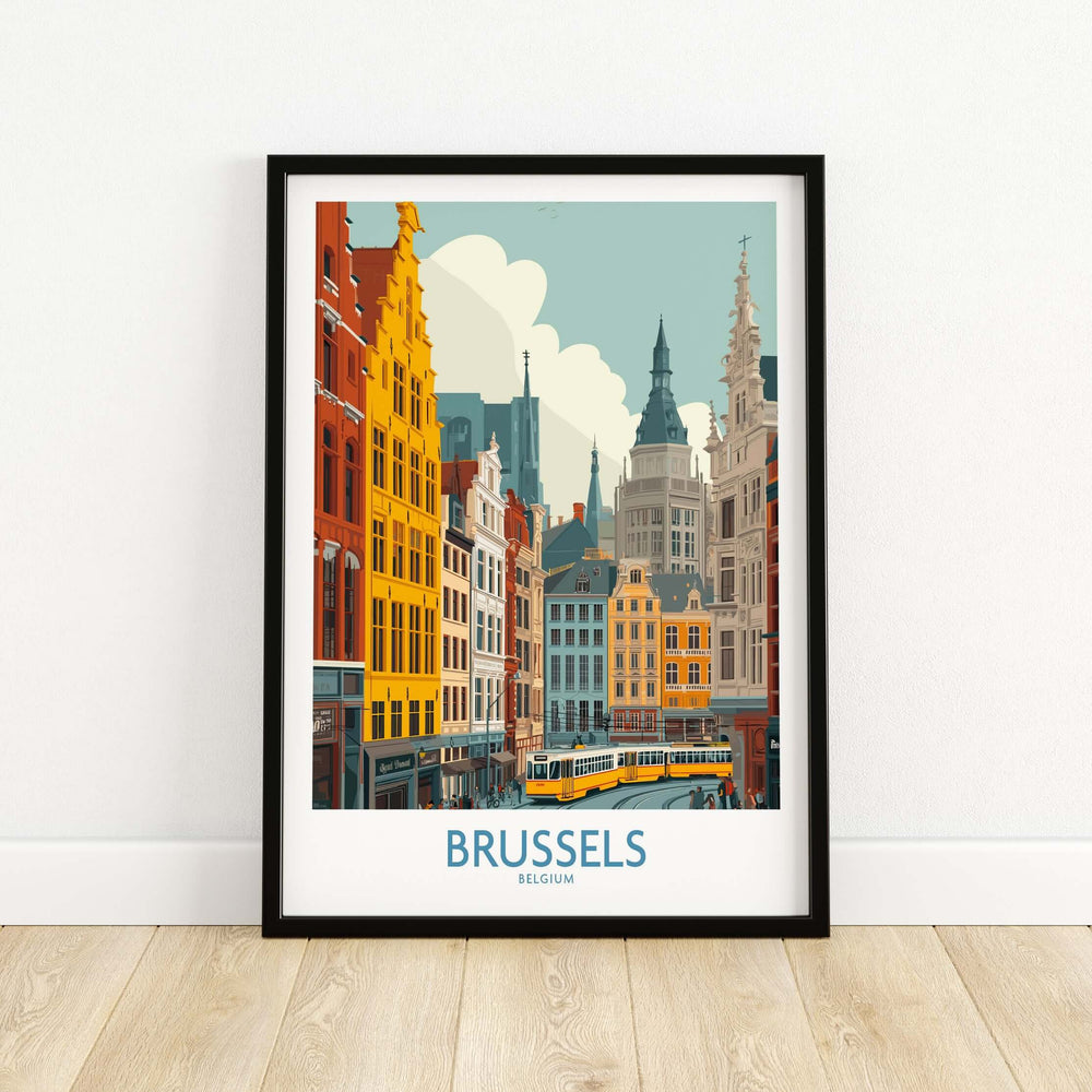 Framed Brussels wall art print showcasing colorful historic buildings and a tram, highlighting Belgium's architectural charm.