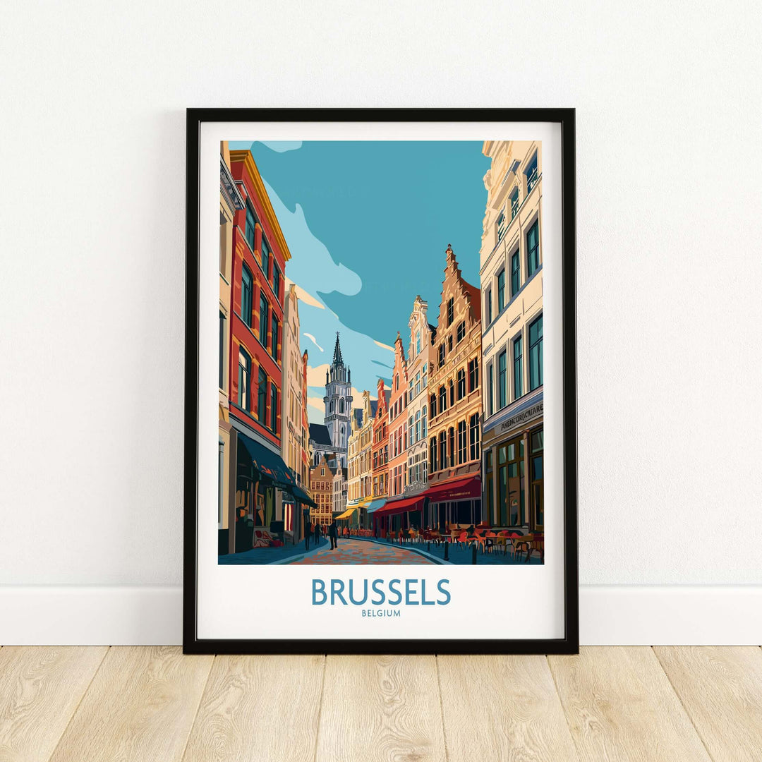 Brussels Belgium Grand-Place wall art print showcasing vibrant city life and architecture.