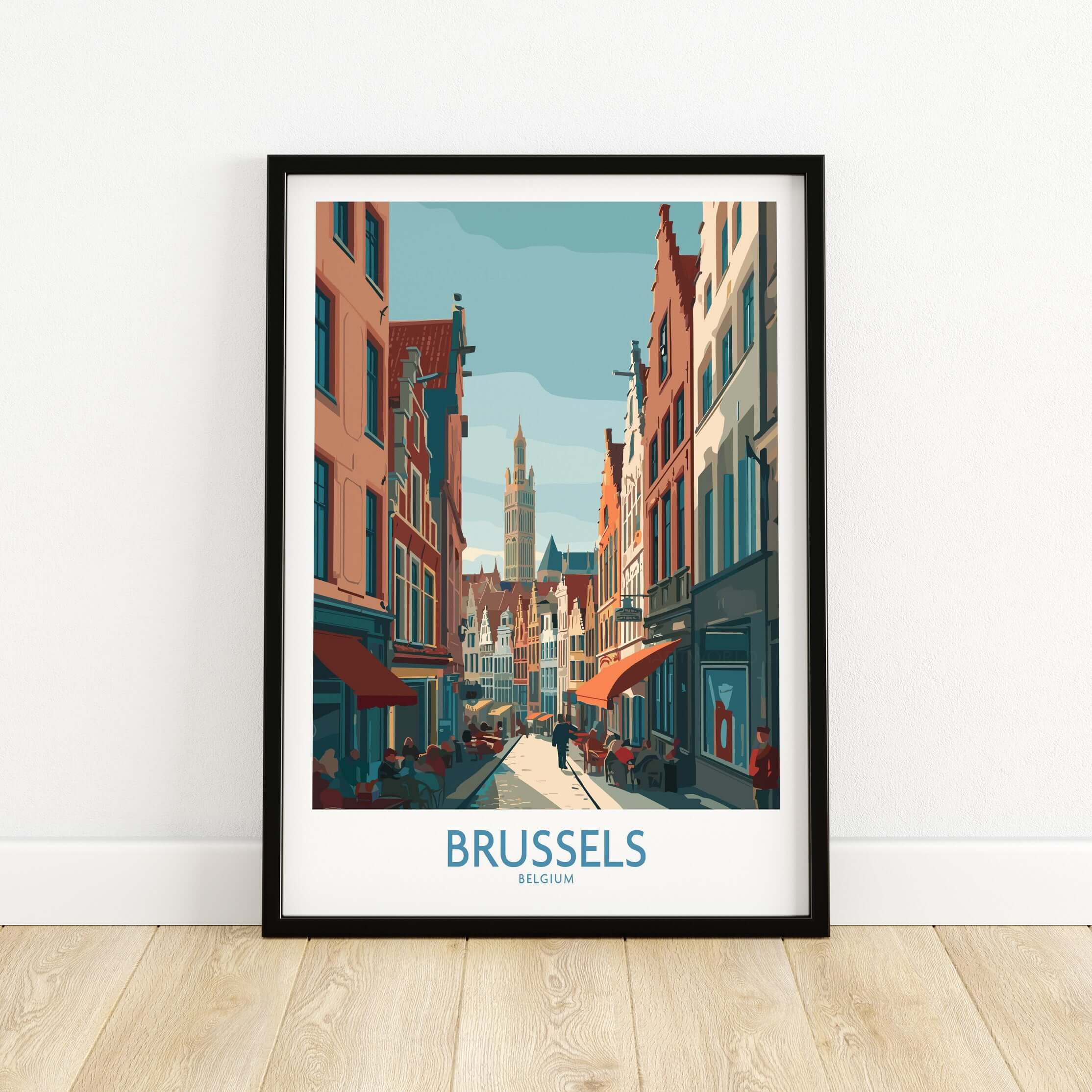 Brussels Belgium Wall Art - European Capital Print showcasing a vibrant street view of Brussels with iconic architecture.