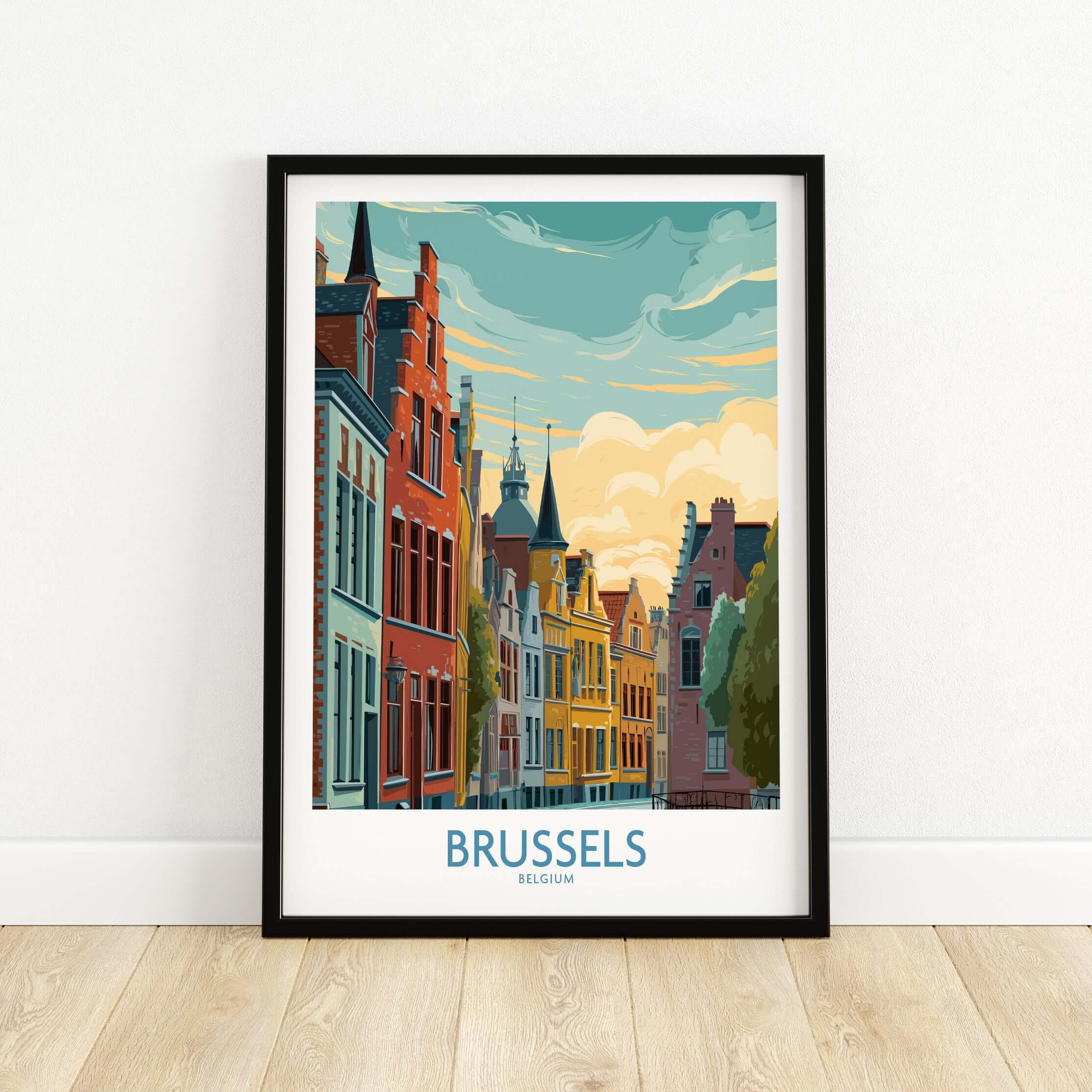 Brussels Belgium Travel Poster featuring colorful buildings and vibrant sky, perfect for home décor.