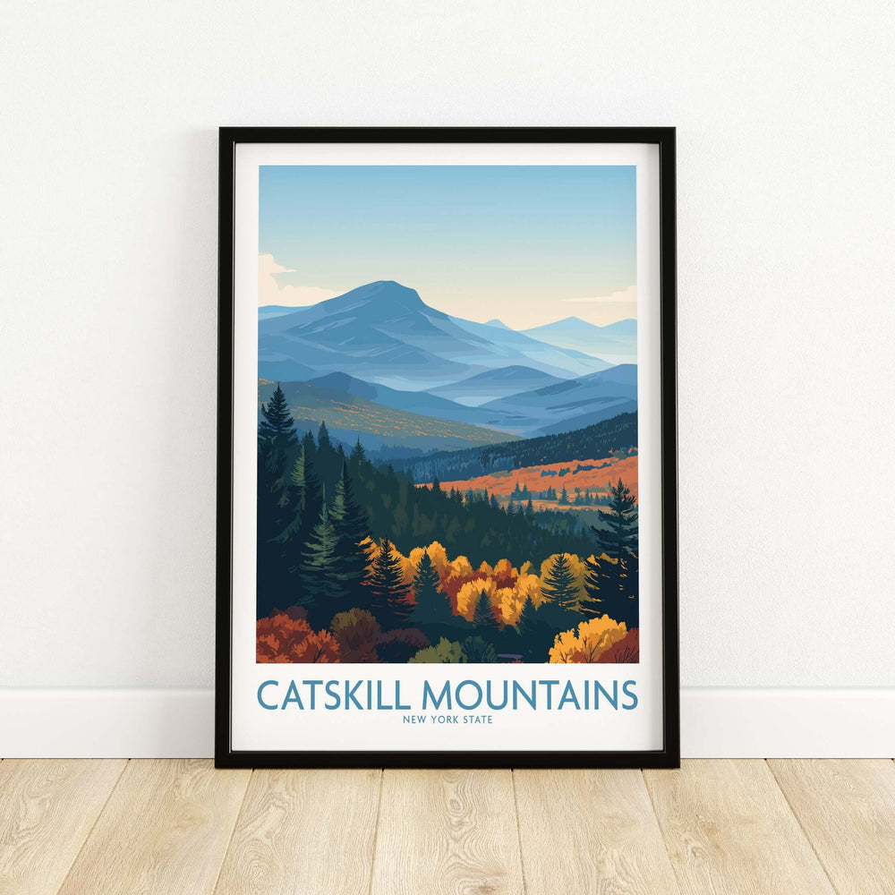 Catskill Mountains New York fall poster showcasing autumn landscape with vibrant foliage and serene mountain views.