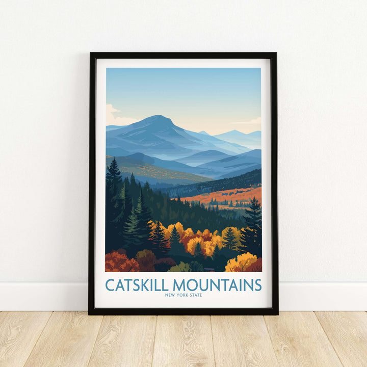 Catskill Mountains New York fall poster showcasing autumn landscape with vibrant foliage and serene mountain views.