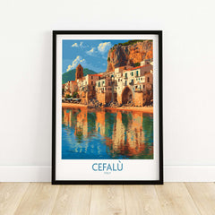 Cefalù Italy Mediterranean Beach Poster - Historic Seaside Travel Print showcasing the charming coastal town's beauty.