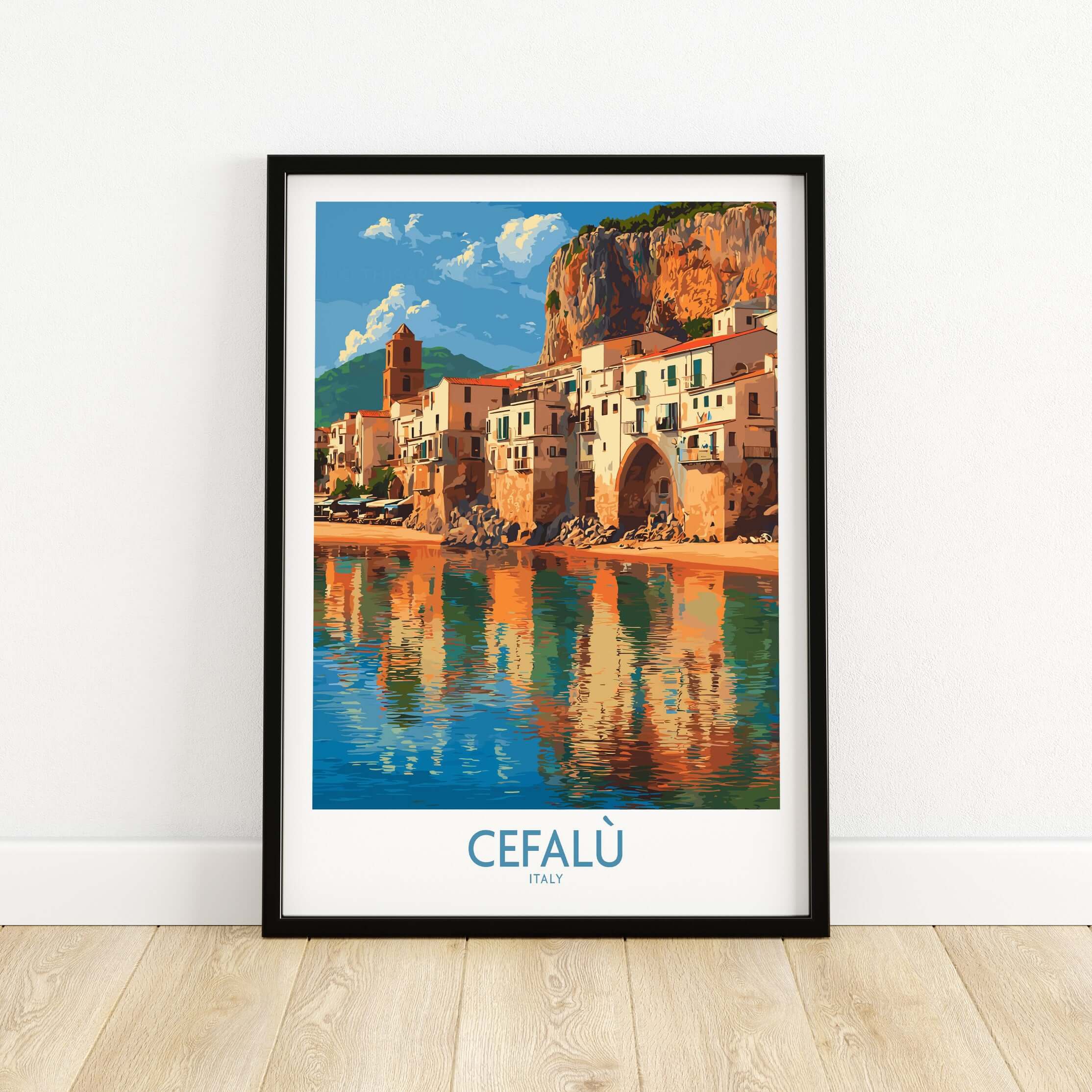 Cefalù Italy Mediterranean Beach Poster - Historic Seaside Travel Print showcasing the charming coastal town's beauty.