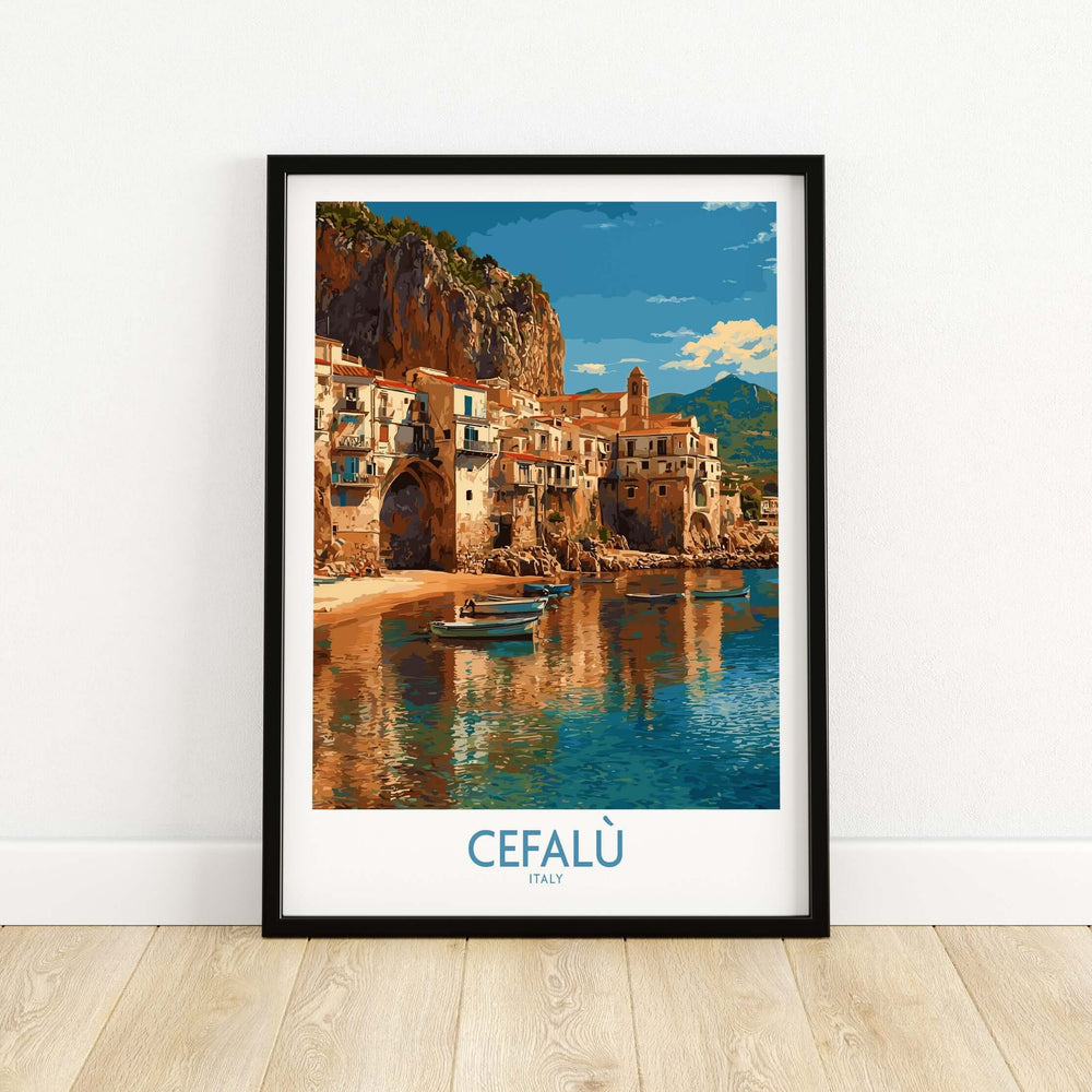 Cefalù Italy wall art featuring picturesque coastal view and colorful buildings.